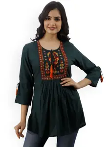 DMP FASHION Floral Embroidered Pleated Tie-Up Neck A Line Kurti