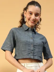 Oxolloxo Women Smart Boxy Fit Solid Spread Collar Cotton Casual Shirt