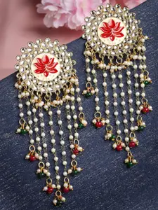 Sangria Gold-Plated Kundan Studded & Beaded Tasselled Floral Drop Earrings