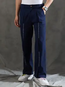 FUGAZEE Men Embroidered Regular Fit Pleated Cotton Trousers