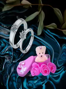 DIVASTRI Set Of 2 Silver-Plated Cubic Zirconia-Studded Leaf Finger Ring With Teddy Bear