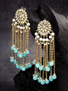 Sangria Gold-Plated Kundan Studded & Beaded Contemporary Tasselled Drop Earrings