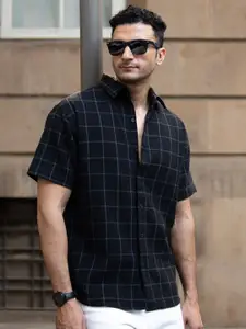 Powerlook Men Windowpane Checked Spread Collar Casual Shirt