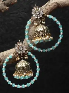 Sangria Gold-Plated Kundan Studded & Beaded Dome Shaped Jhumkas