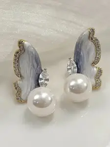 DressBerry Gold-Plated Artificial Stones Studded And Beaded Contemporary Drop Earrings