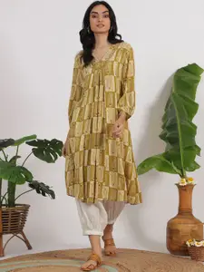 W Floral Printed Cotton V-Neck A-Line Kurta