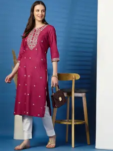 Sangria Floral Embroidered Notch Neck Thread Work Straight Kurta