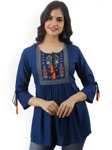 DMP FASHION Floral Yoke Design Tie-Up Neck Thread Work A-Line Kurti