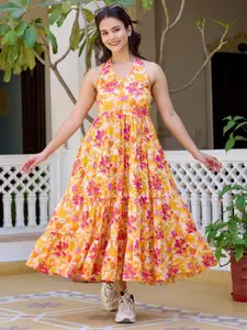 Nayo Women Floral Print Halter Neck Sleeveless Tiered Fit & Flare Maxi Dress