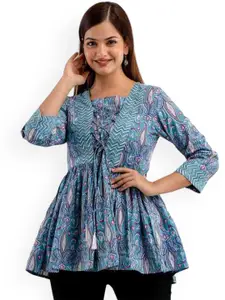 DMP FASHION Paisley Printed V-Neck Pure Cotton Pleated A-Line Kurti
