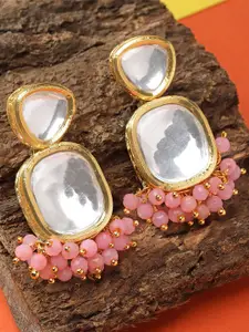 Sangria Gold-Plated Kundan Studded & Beaded Contemporary Drop Earrings