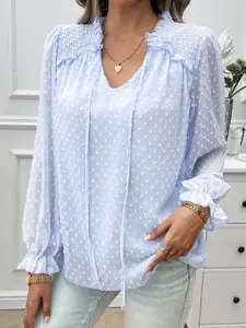 all about you Women Self Design Tie-Up Neck Puff Sleeve Top