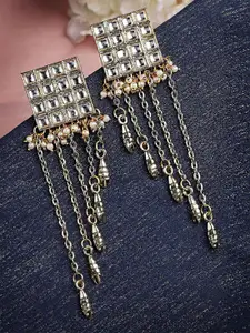 Sangria Gold-Plated Kundan Studded & Beaded Tasselled Square Drop Earrings