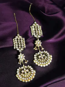 Sangria Gold-Plated Kundan Studded & Beaded Crescent Shaped Kaanchain Drop Earrings