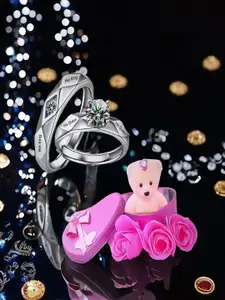 DIVASTRI Set Of 2 Silver-Plated Crystals-Studded Couple Adjustable Finger Rings