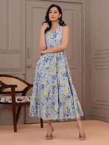 Nayo Women Cotton Floral Printed Halter Neck Fit & Flare Maxi Dress