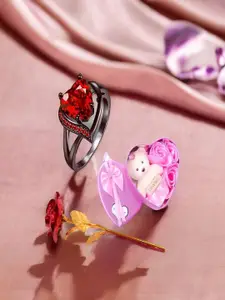 DIVASTRI Set Of 3 Silver-Plated Cubic Zirconia Studded Finger Ring & Red Rose & Teddy Bear