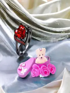 DIVASTRI Silver-Plated Cubic Zirconia Studded Finger Ring With Teddy Bear