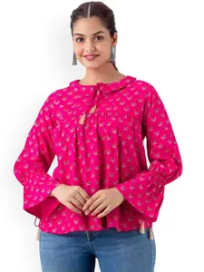 DMP FASHION Floral Printed Tie-Up Neck Puff Sleeves Cotton Pleated Tops