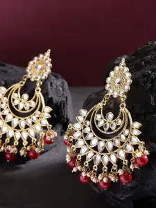 Sangria Gold-Plated Kundan Studded & Beaded Crescent Shaped Chandbalis