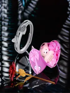 DIVASTRI Silver-Plated Cubic Zirconia-Studded Leaf Finger Ring With Teddy Bear & Rose