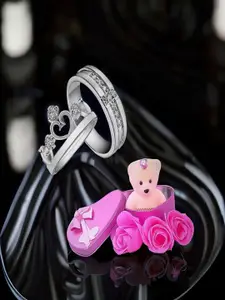 DIVASTRI Set Of 2 Silver-Plated Cubic Zirconia-Studded Couple Adjustable Finger Rings