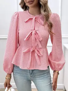 all about you Women Polka Dot Print Tie-Up Neck Puff Sleeve Top