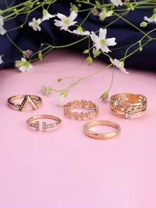 DressBerry Set of 5 Gold-Plated American Diamond Studded Adjustable Finger Rings