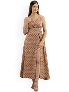 DMP FASHION  Floral Printed Cotton V-Neck A-Line Dresses