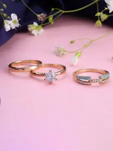 DressBerry Set Of 3 Gold-Plated American Diamond Studded Adjustable Finger Rings