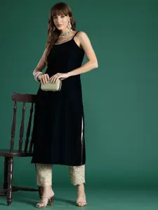 Indo Era Sequinned Shoulder Straps Velvet Kurta