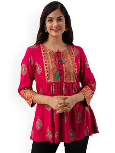 DMP FASHION Floral Yoke Design Tie-Up Neck Thread Work A-Line Kurti