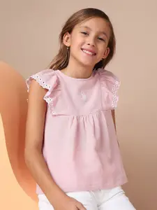 U.S. Polo Assn. Kids Girls Solid Embroidered Frill Top