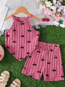 INCLUD Girls Cherry Printed Halter Neck Top With Shorts