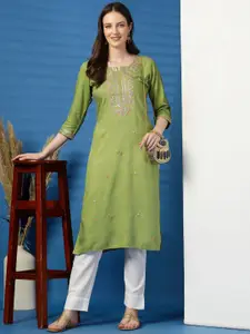 Sangria Floral Embroidered Notch Neck Thread Work Straight Kurta