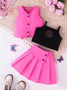 INCLUD Girls V-Neck Waistcoat With Skirt And Camisole Top