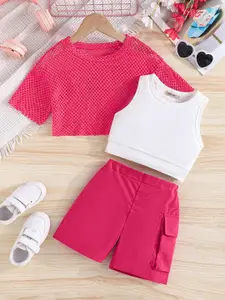 INCLUDGirls Self Design Short Sleeves Mesh Top With Tank Top And Shorts