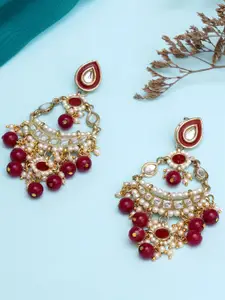 Sangria Gold-Plated Kundan Studded & Beaded Crescent Shaped Chandbalis