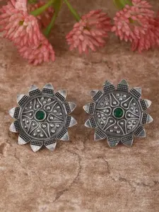 Sangria German Silver Plated Stone Studded Floral Oxidized Studs