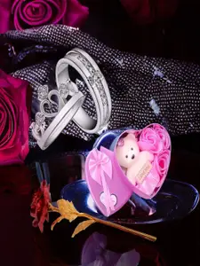 DIVASTRI Set Of 2 Silver-Plated Cubic Zirconia-Studded Couple Adjustable Finger Rings