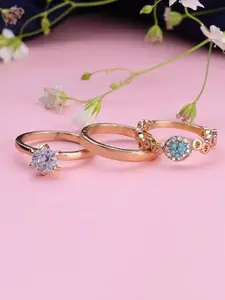 DressBerry Set Of 3 Gold-Plated American Diamond Studded Adjustable Finger Rings