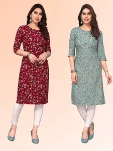 KETAKI FASHION Selection Of 2 Floral Printed Round Neck Straight Kurtas