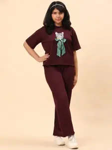 Ameeha Embellished Round Neck T-Shirt With Trousers