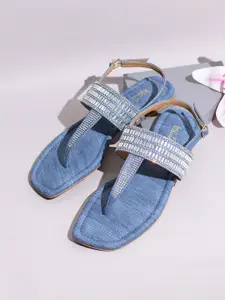 Inc 5 Women Embellished Square Toe T-Strap Flats