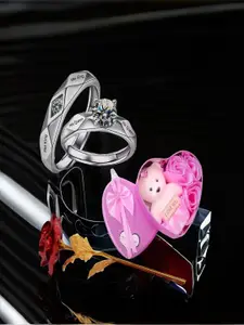 DIVASTRI Set Of 2 Silver-Plated Cubic Zirconia-Studded Couple Adjustable Finger Rings