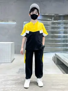 StyleCast x Revolte Boys Colourblocked Mandarin Collar Pure Cotton T-shirt & Trousers