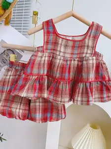 StyleCast x Revolte Girls Checked Sleeveless Pure Cotton Top with Shorts