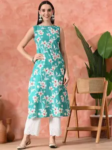 Sangria Floral Printed Cotton Sleeveless A-Line Kurta