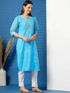 Sangria Floral Embroidered Notch Neck Straight Kurta