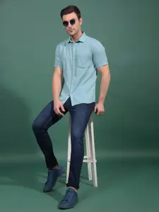 Crimsoune Club Men Classic Fit Textured Spread Collar Cotton Casual Shirt